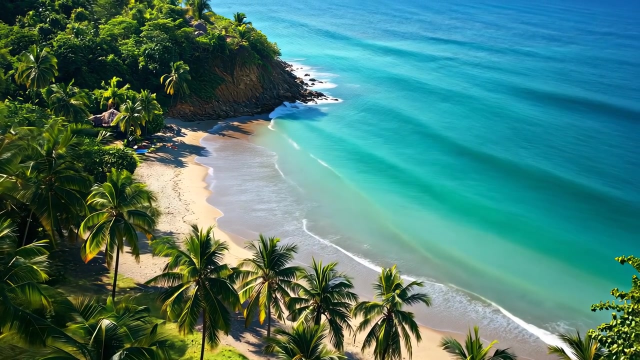 Vista aérea de uma praia tropical com água turquesa e palmeiras