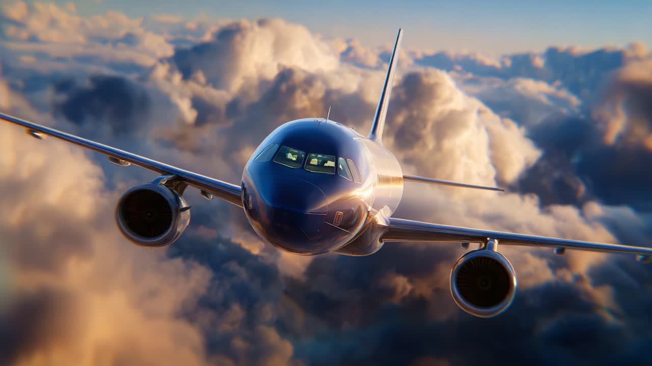 Una vista mozzafiato di un moderno aereo di linea che solca nuvole soffici durante un tramonto vivido, mettendo in mostra la tecnologia dell'aviazione e la bellezza del volo