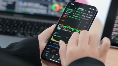 comerciante de negocios o corredor inversor que utiliza un teléfono inteligente con ropa formal analista de trabajo con gráficos financieros del mercado de valores informes criptomonedas o divisas