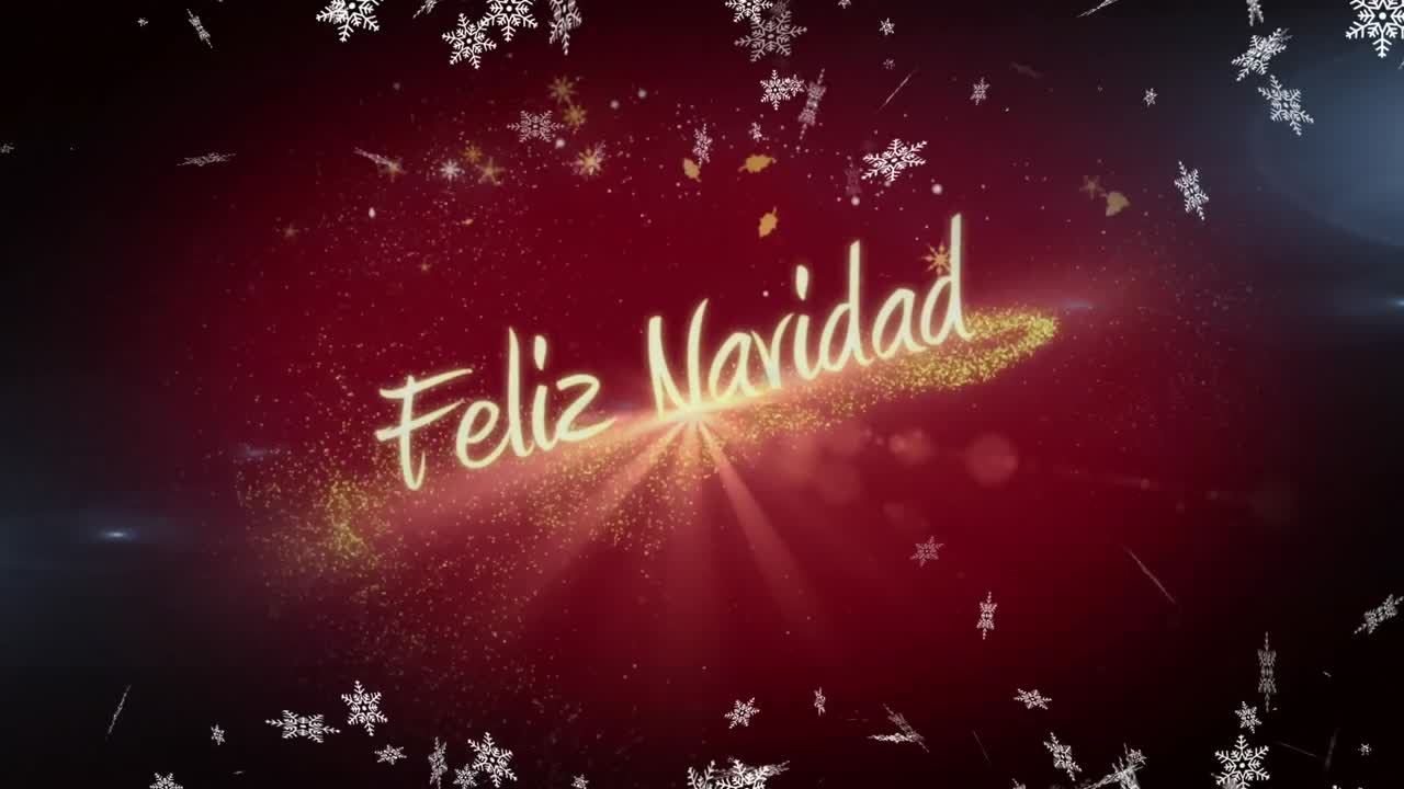 animación de texto de feliz navidad y copos de nieve cayendo sobre fondo rojo