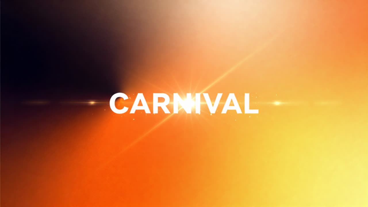 Un bagliore dell'obiettivo appare, formando un raggio diagonale e scintille, sovraesponendo la scritta CARNIVAL centrata per metterla in risalto.