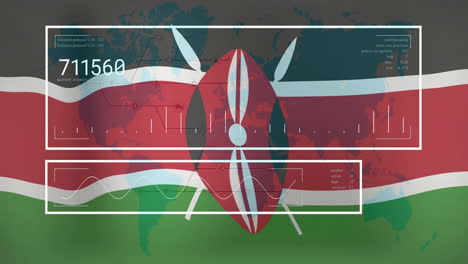 kenya flag with data processing animation over world map background
