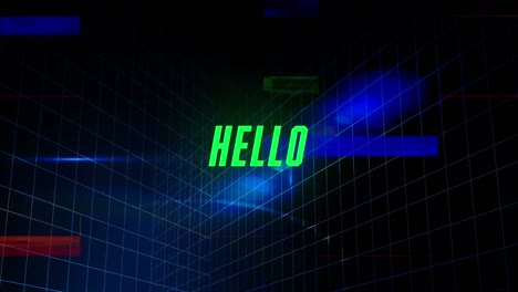 Animation-of-hello-text-over-grid-on-dark-background
