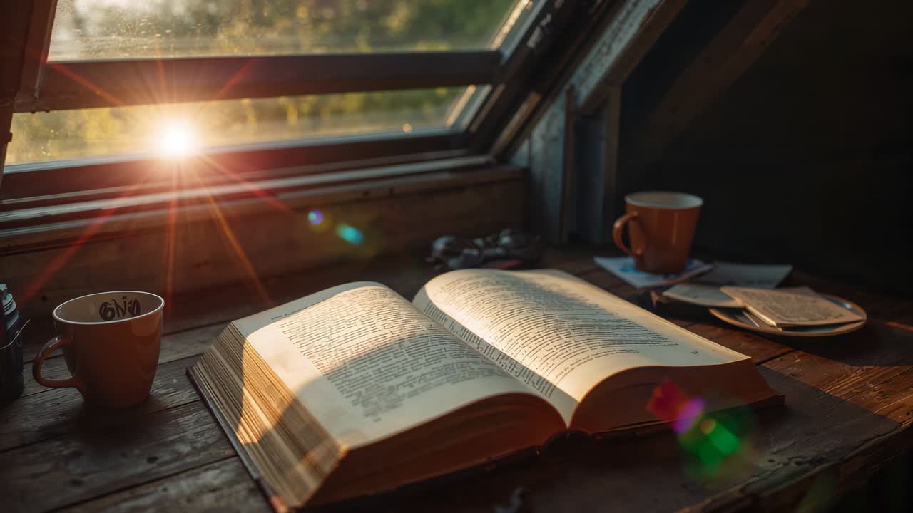 Luce solare che entra, producendo un bagliore dell'obiettivo mutevole su un libro aperto in un angolo lettura soppalcato, con tazze.