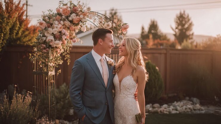 A Romantic Evening Wedding Ceremony with a Beautiful Couple Surrounded by Floral Arrangements as the Sun Sets, Capturing Their Joy and Love in a Serene Setting