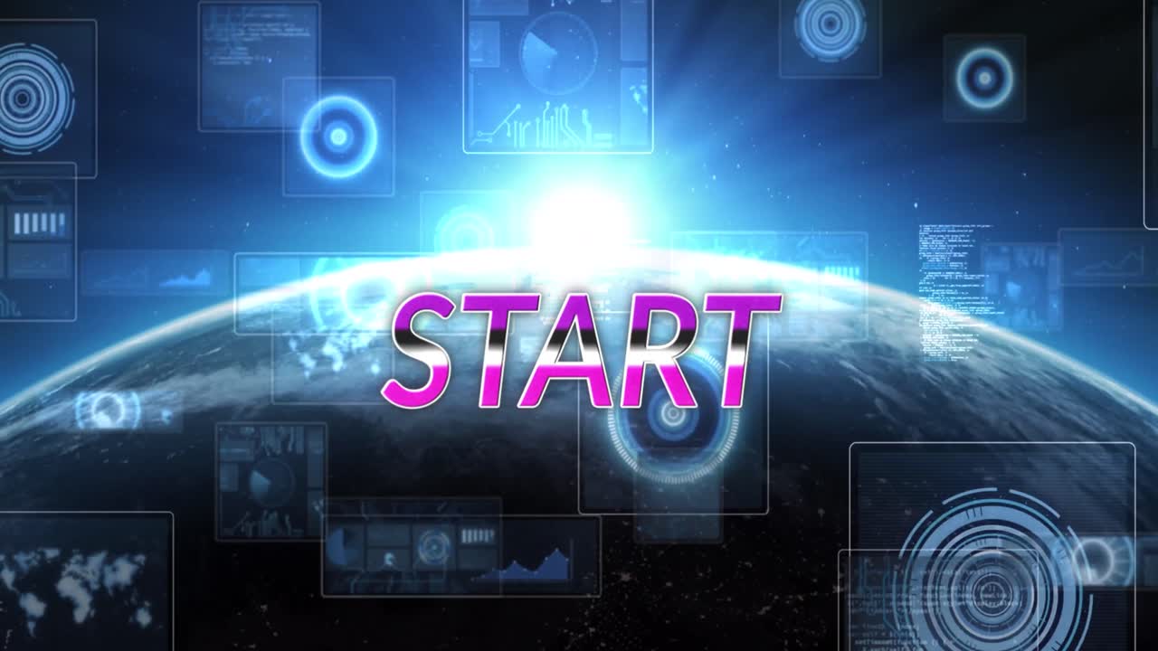 animación del texto de inicio y el procesamiento de datos con globo sobre fondo negro