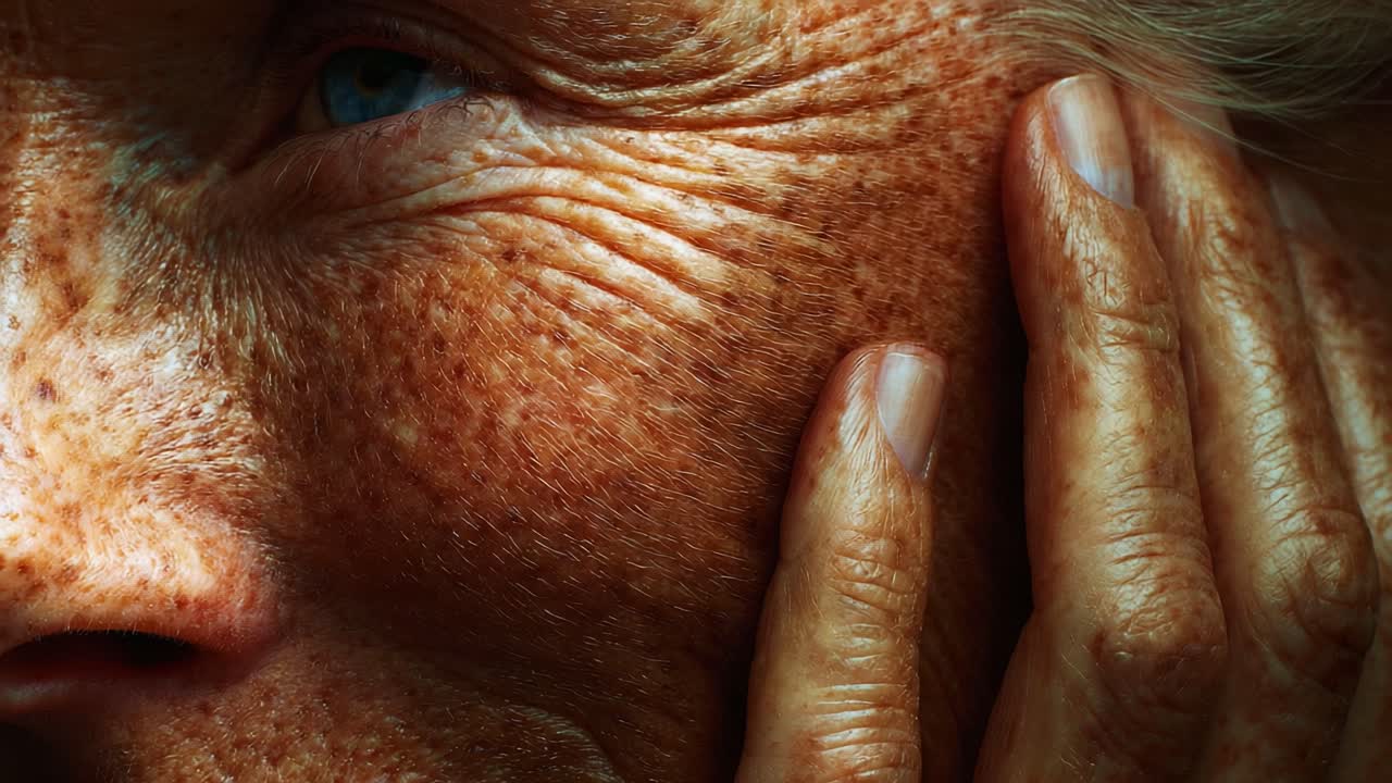 A close-up portrait capturing the intricate details of aging skin, highlighting the textures, wrinkles, and the expression of a thoughtful individual touched by time