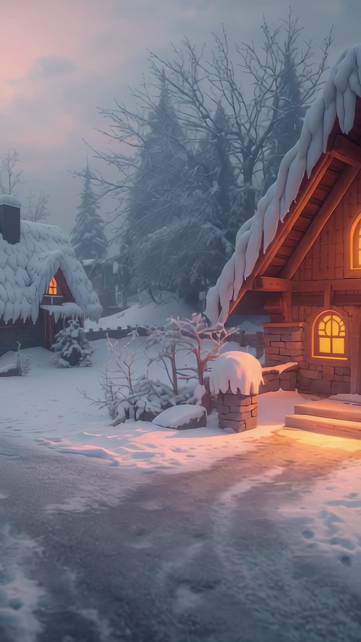 Vertical video: Panning camera bringing cottage and shed into view at dusk, lit windows, copy space