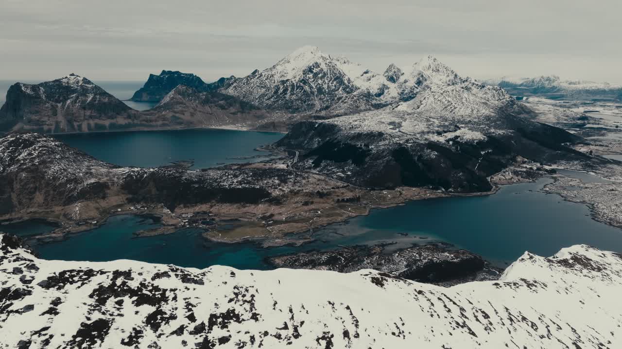 Offersoykammen Hiking Peak In Lofoten Islands, Norway. Aerial Pullback Shot