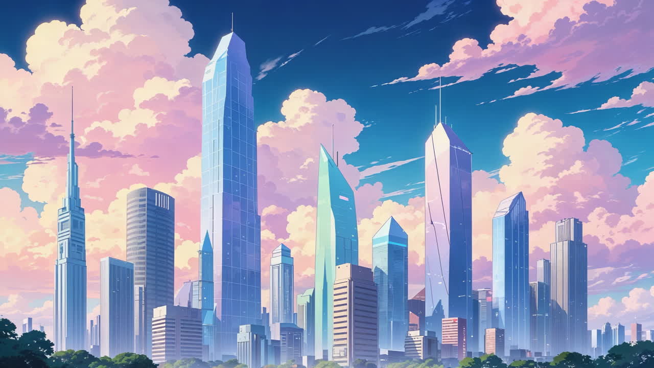 Paisagem urbana de anime vibrante com arranha-céus e nuvens rosas