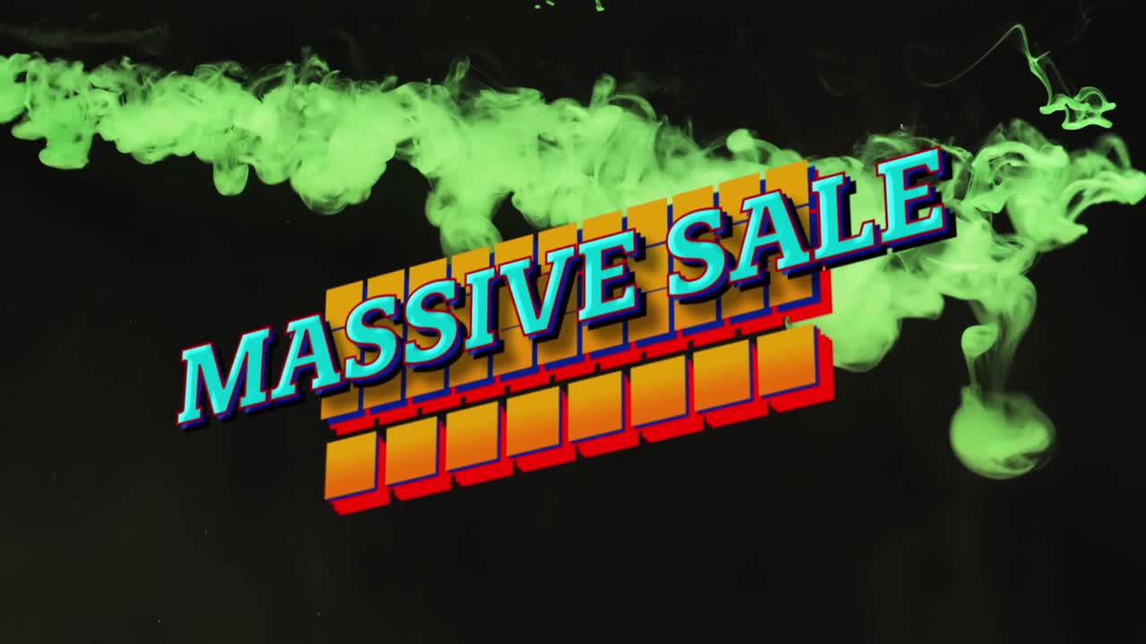 검은 바탕에 녹색 액체 위에 대규모 판매 텍스트의 애니메이션