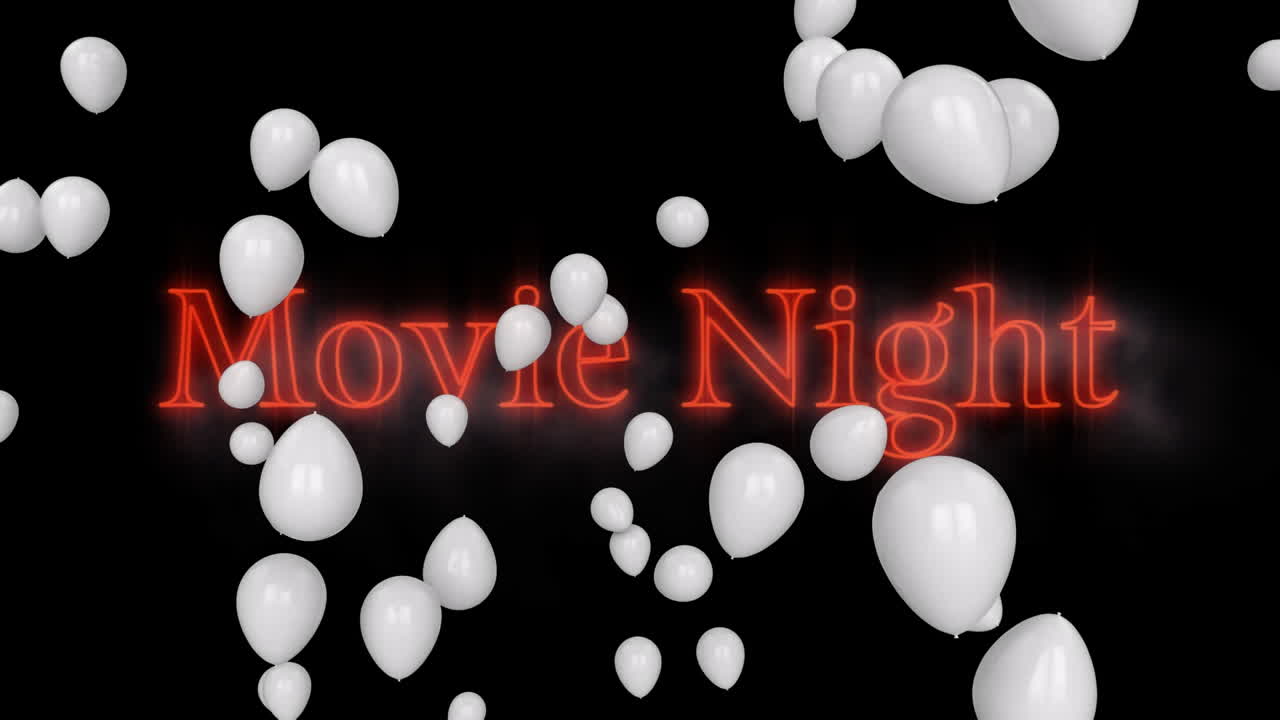 Animazione del testo 'Serata film', in lettere al neon rosse con palloncini bianchi su sfondo nero