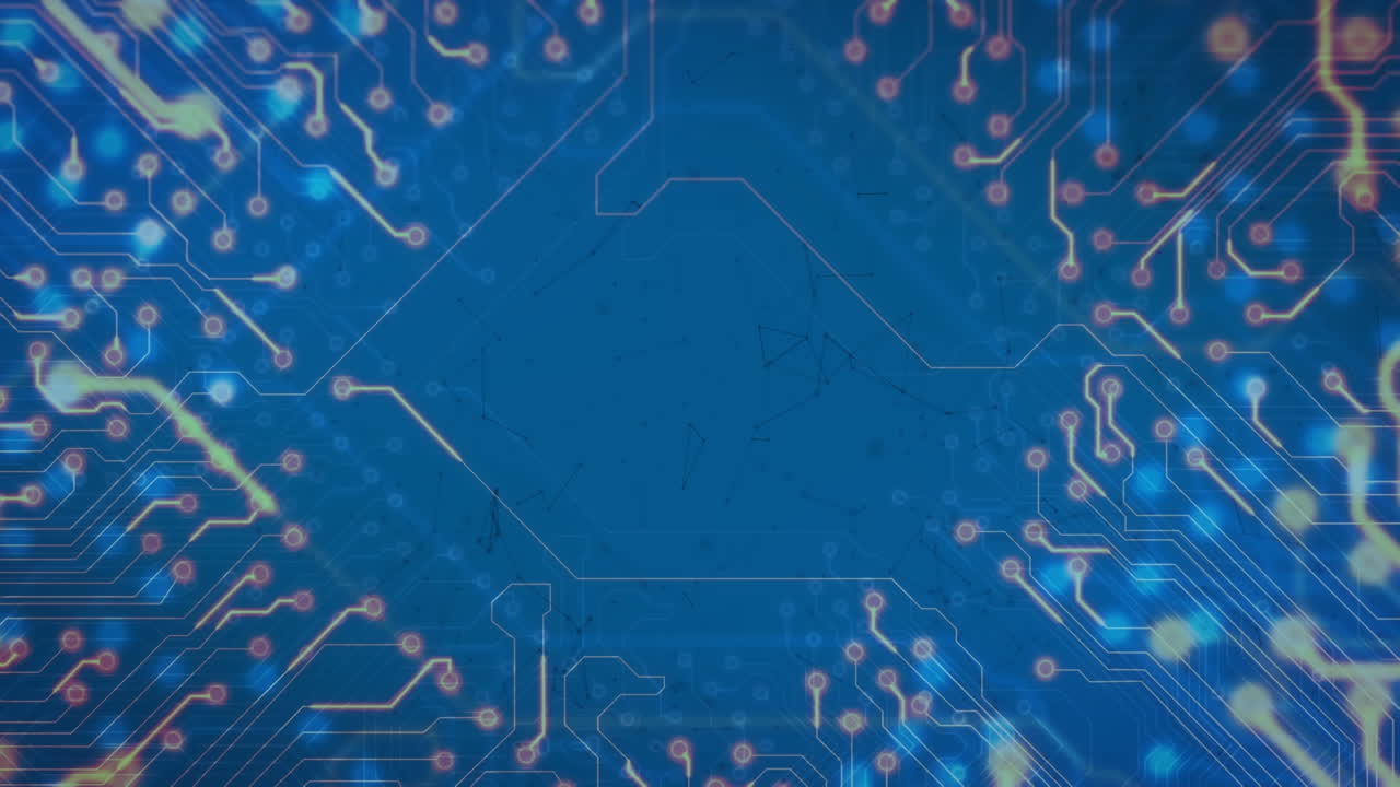 animación de las conexiones del microprocesador contra el espacio de copia en fondo azul