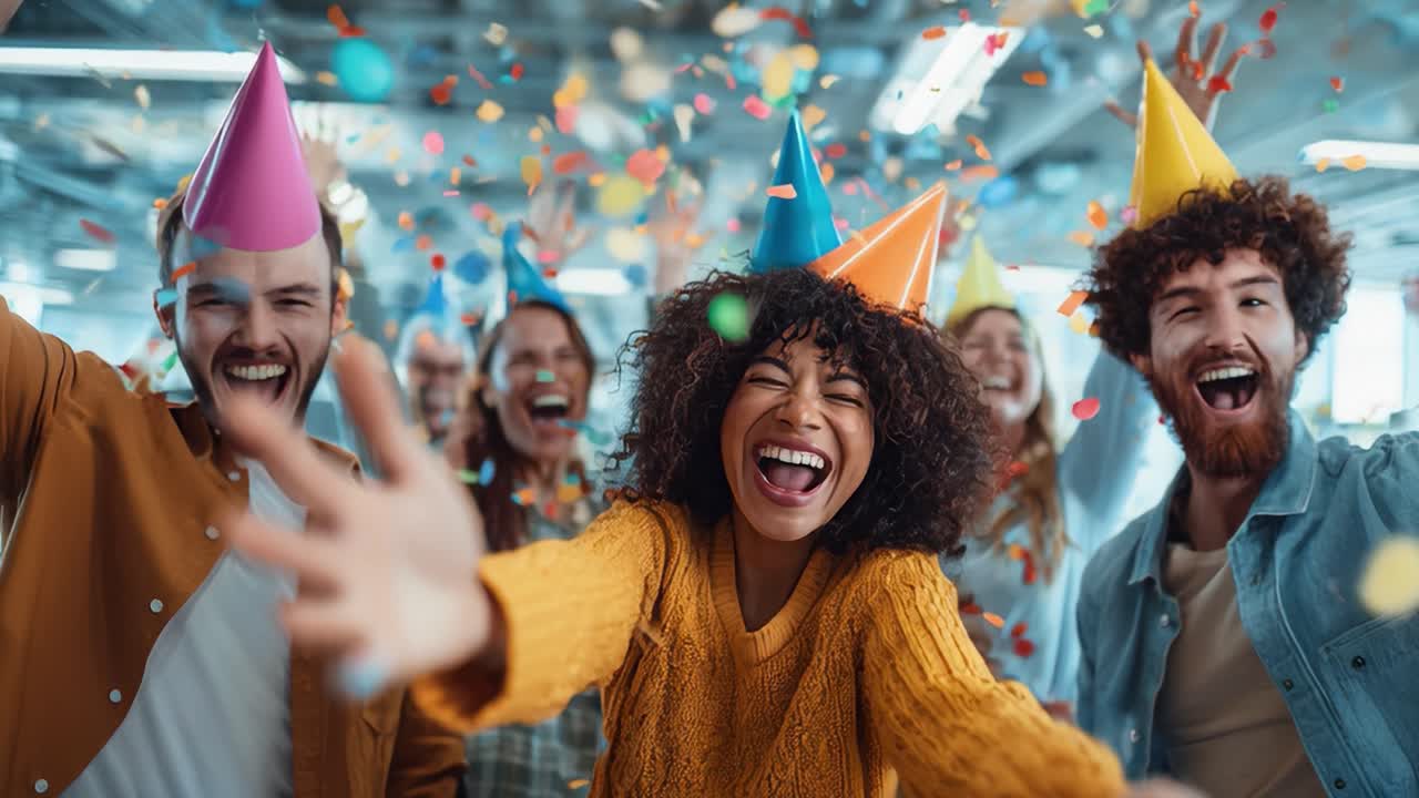 A Joyous Celebration with Friends: Laughter, Excitement, and Colorful Confetti Fill the Air as Everyone Dons Festive Party Hats, Creating Unforgettable Moments Together
