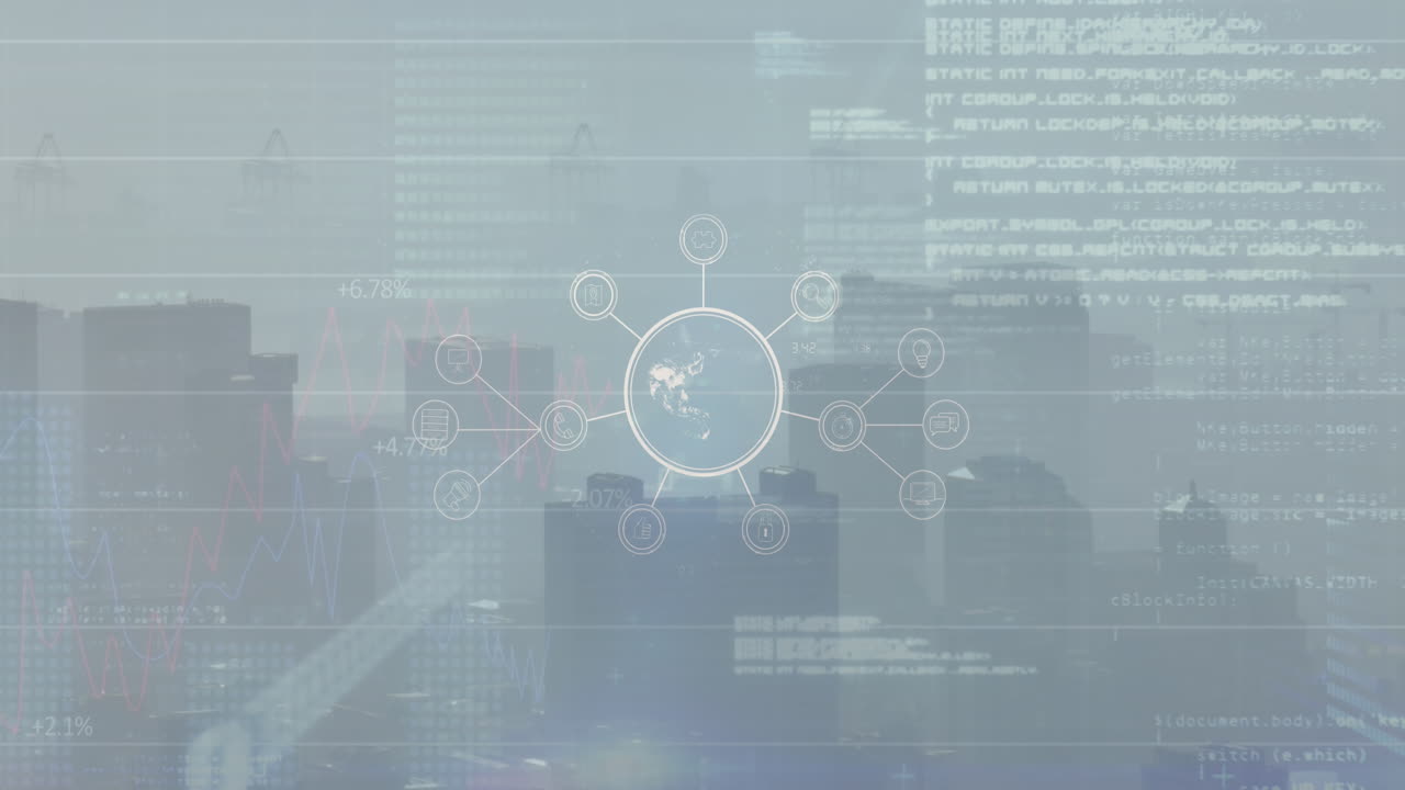 디지털 아이콘 네트워크의 애니메이션과 도시 풍경의 공중 전망에 대한 데이터 처리