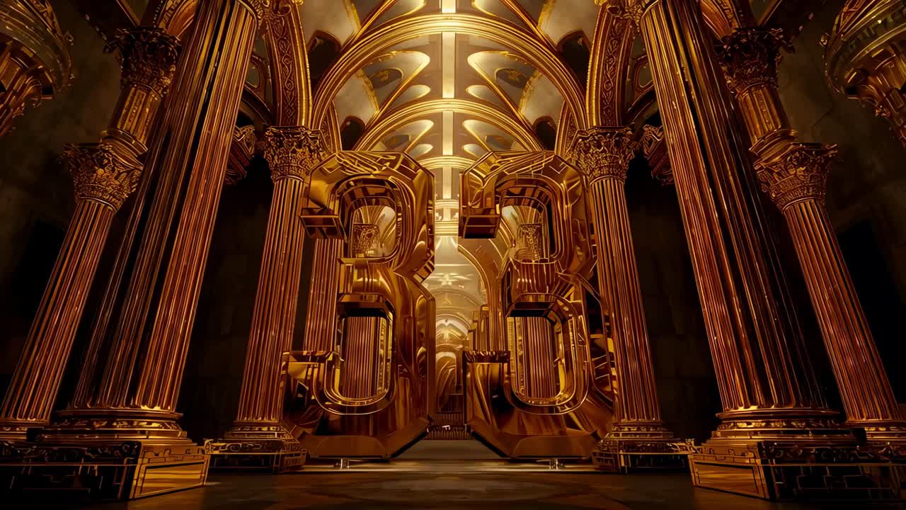 Starting dolly, camera panning forward through hall showing hollow golden 33 and columns