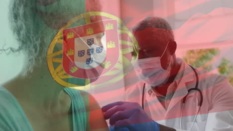 animation of flag of portugal and masked doctor giving woman vaccination