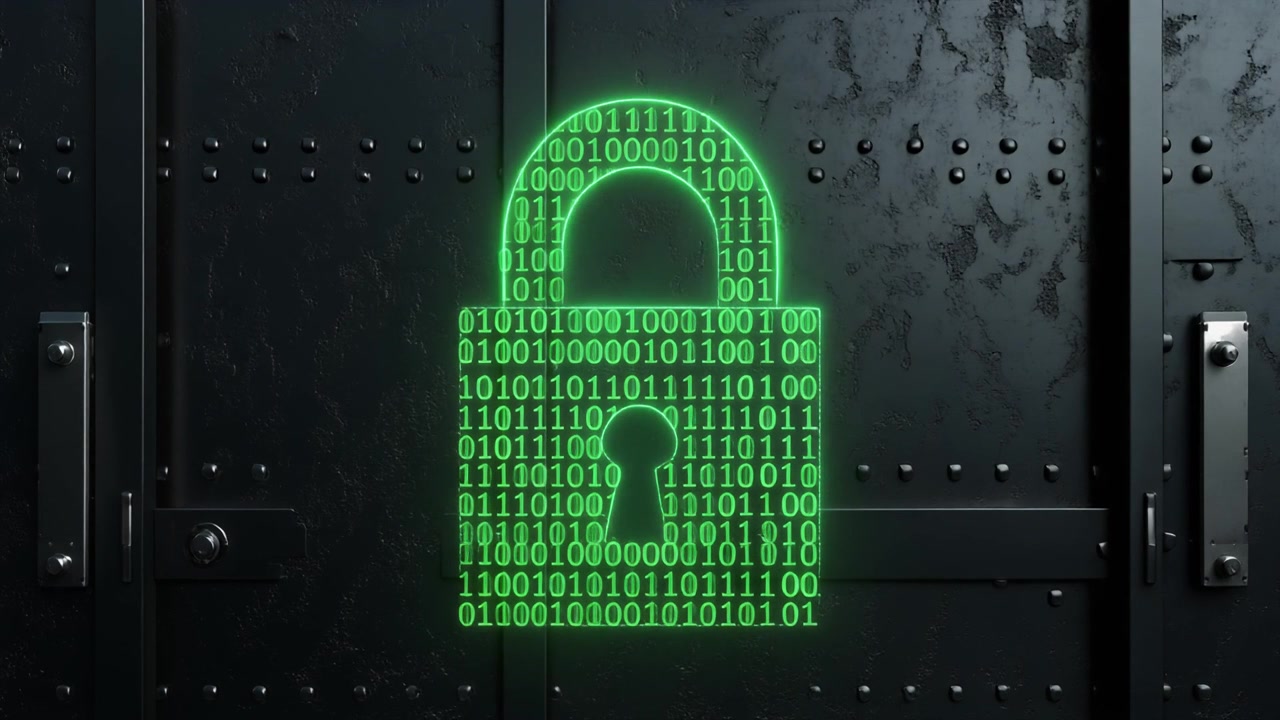 Icono de candado digital formado por código binario sobre superficie metálica