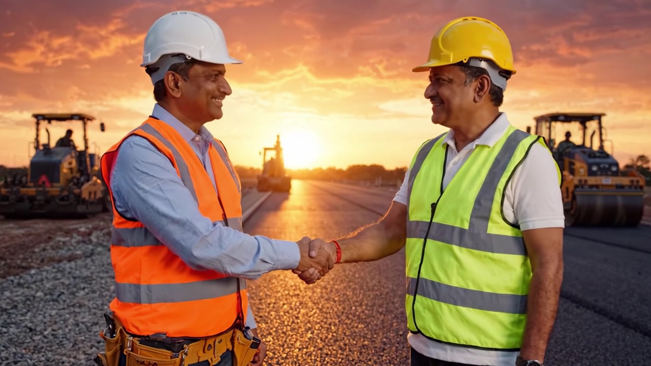 Two Construction Workers in Safety Gear Enjoying a Conversation at Sunset on a Road Construction Site with Heavy Machinery in Background