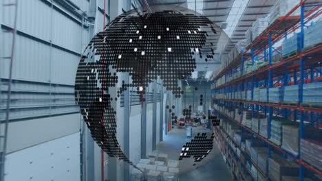composición digital del globo giratorio contra el almacén en el fondo
