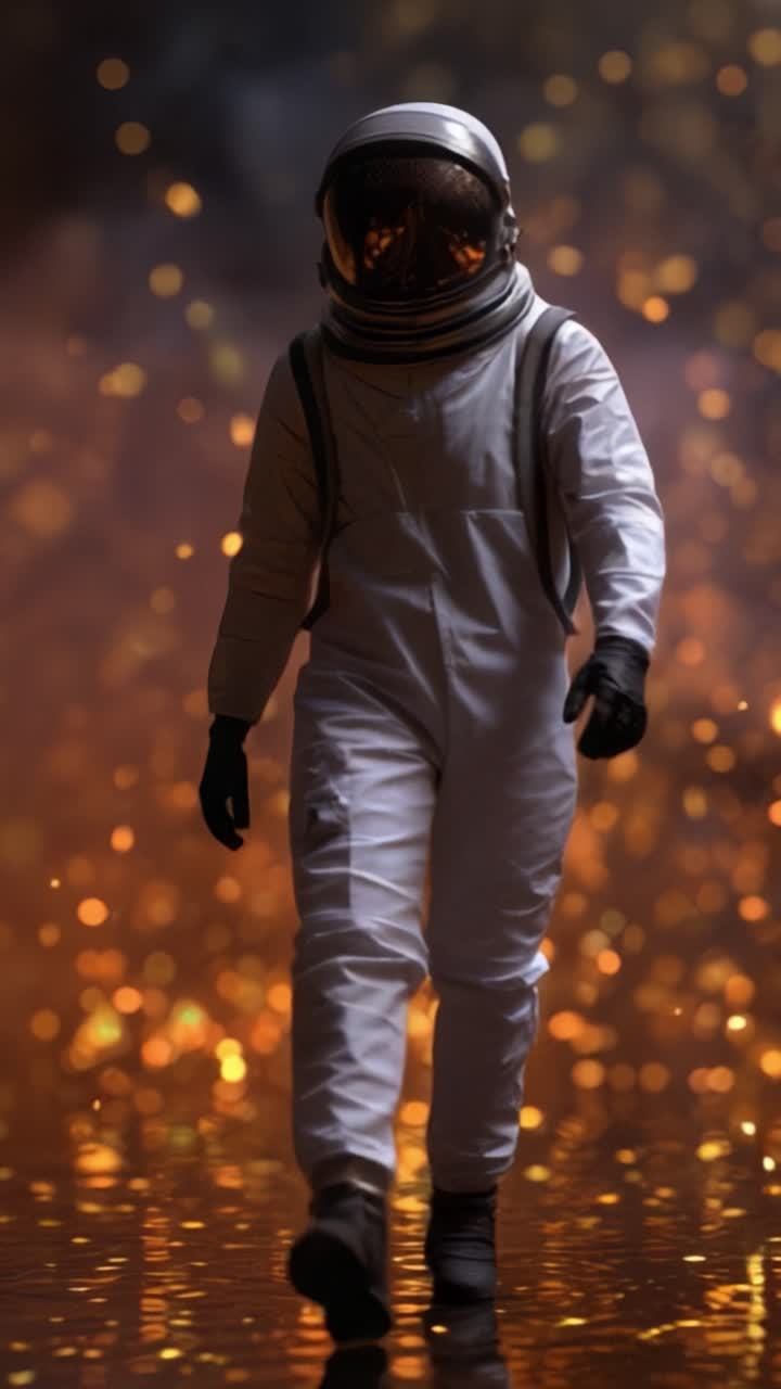Seorang astronot sendirian berjalan melintasi lanskap berapi yang semarak penuh partikel berkilauan, melambangkan perjalanan eksplorasi dan penemuan di kosmos