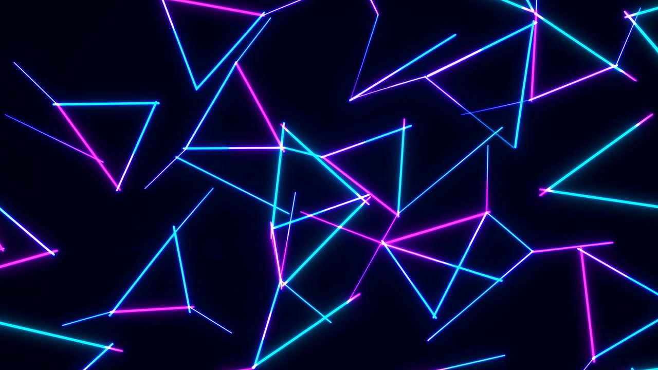 Neon Triangle Lines Connecting Across Black Void, Cyan And Magenta Strokes Form Dynamic Network, Energetic