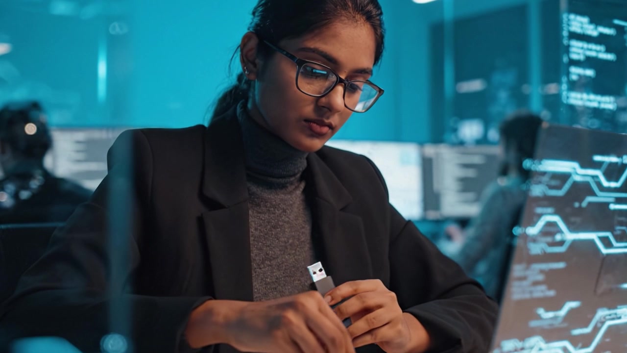 Focused Professional Analyzing Data on Laptops in a Modern Office, with USB Drives in Hand, Highlighting the Importance of Technology in Today's Business Environment.