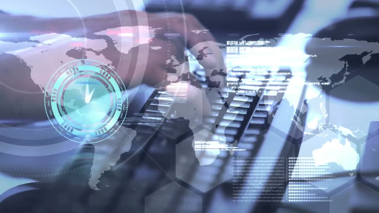 animación de un reloj que se mueve rápido y procesamiento de datos sobre una persona que escribe en el teclado de la computadora
