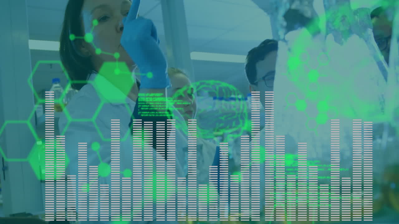 Four scientists analyzing data in research lab, with holographic brain and green molecular hexagons