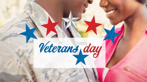 Animation-of-happy-veterans-day-text-over-male-soldier-embracing-wife