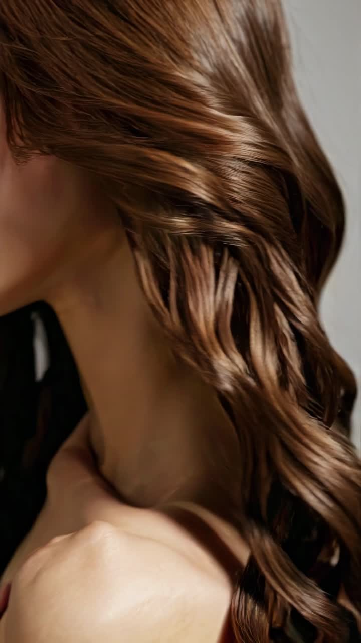Close-up side angle of a woman with wavy brown hair, focusing on texture and shine, styled