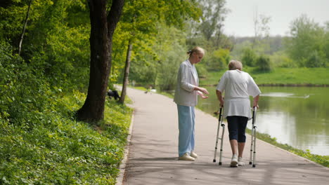 elderly woman receiving walking assistance in a park