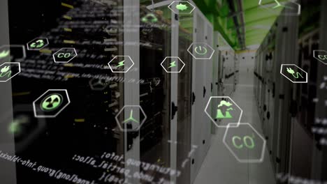 animation of data processing and ecology icons over server room