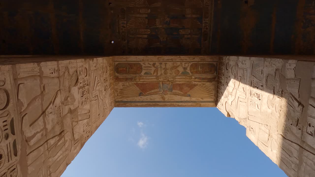 Entrance to The Mortuary Temple of Ramesses III at Medinet Habu, static low angle shot