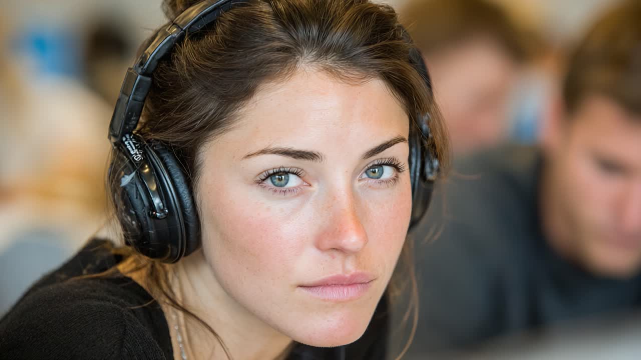 A Focused Young Woman Wearing Headphones in a Casual Environment, Capturing Intense Expression and Engagement with Surroundings