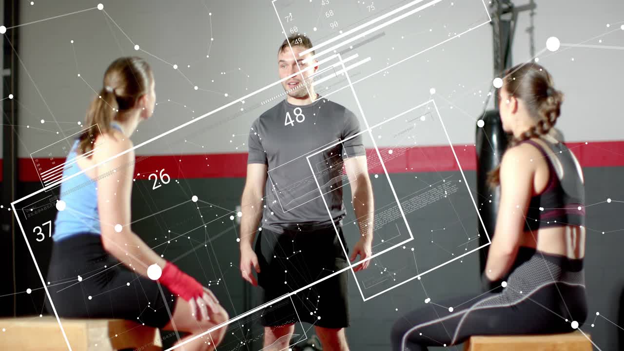 Coach gesturing left trainee and instructing technique in gym HUD overlays guiding jabs into shield