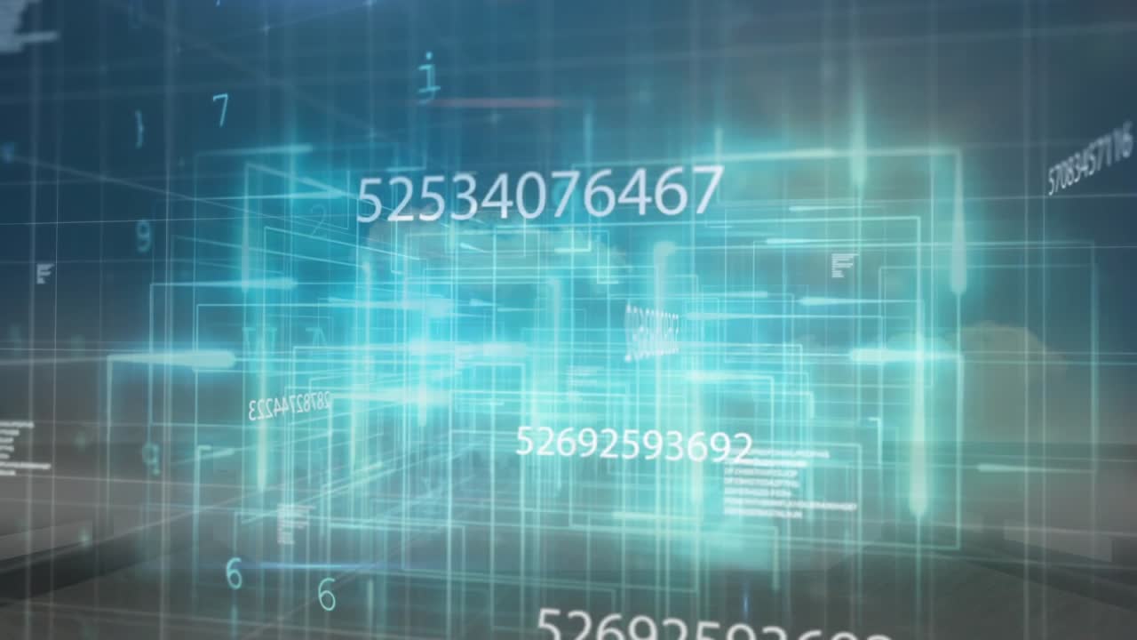 Glowing wireframe matrix initiating scan, numbers floating and updating to reveal malware detected