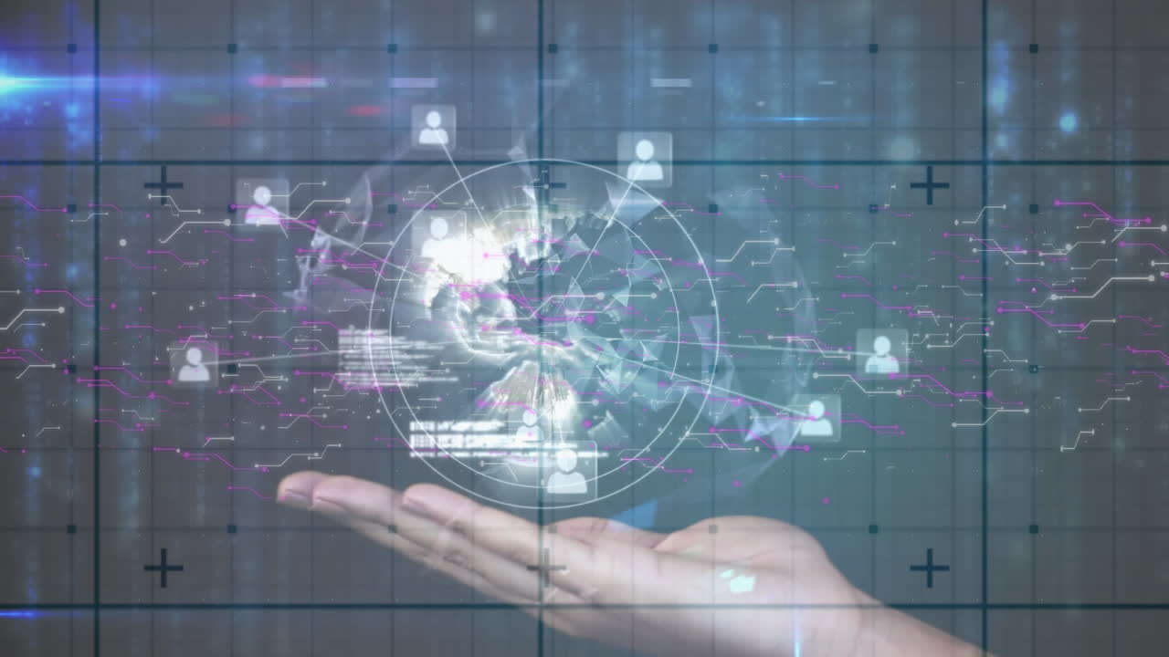 animación de la red de conexiones y globo con iconos sobre el procesamiento de datos