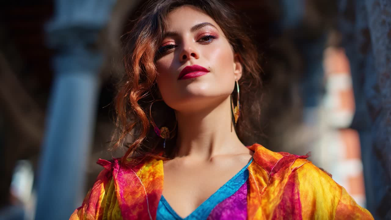 Uma jovem exala confiança e estilo em uma moda multicolorida vibrante, ambientada em um fundo arquitetônico marcante banhado por luz natural suave