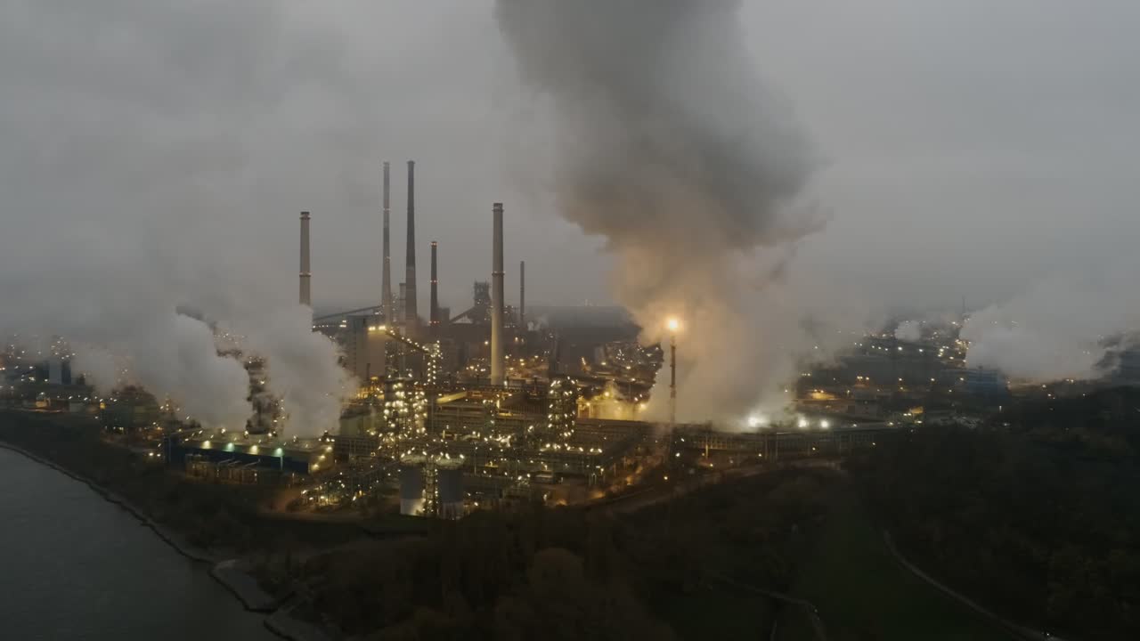 Aerial view of illuminated petrochemical factory during nightfall