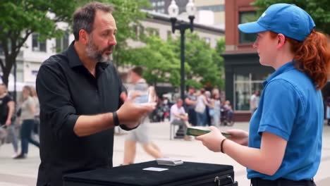 a captivating street magic performance: an engaging magician demonstrates illusions and tricks while interacting with an enthralled audience member in a bustling city square