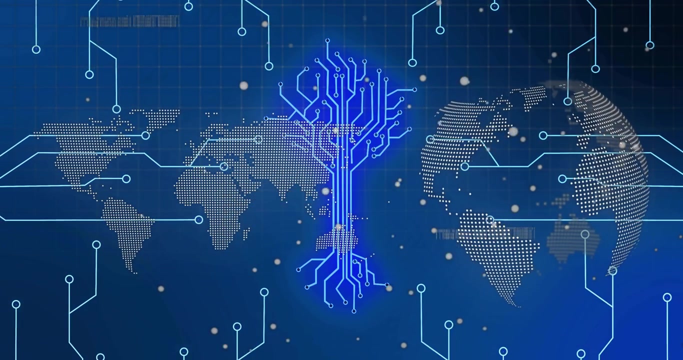Edge streaks sparking core network, growing circuit linking dotted map and globe, showing tech flow