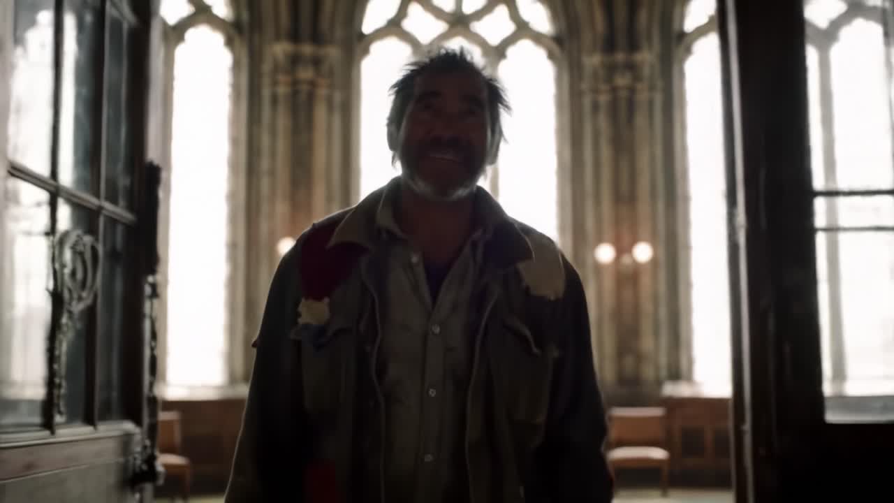 A man dressed in a casual outfit walks with a smile through an impressive gothic structure. Bright sunlight filters through large windows, creating a warm atmosphere.