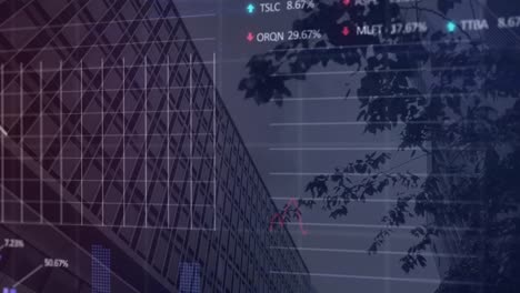 Animation-of-multiple-graphs-and-trading-boards-over-low-angle-view-of-tree-and-building