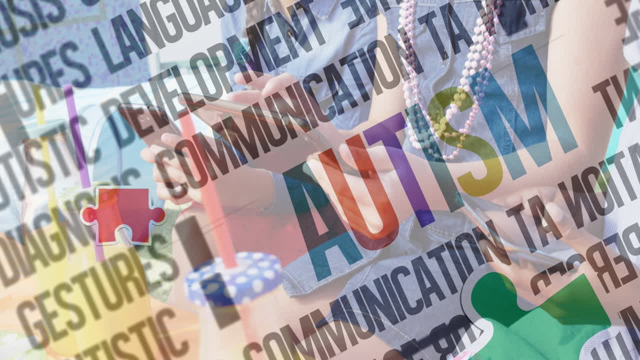 animación de piezas de rompecabezas coloridas y texto de autismo sobre amigos que usan teléfonos inteligentes y tabletas