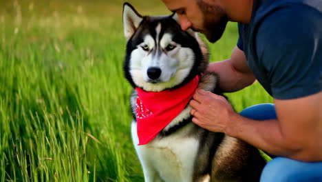 man and husky in a field