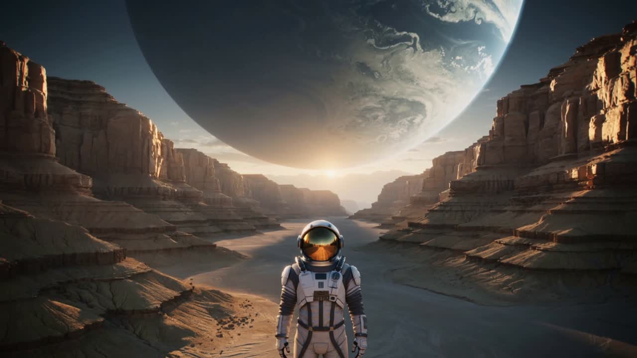 Stående astronaut i rumdragt ser solen nå horisonten i en kløft, observerer planet med guldfarvet visir.