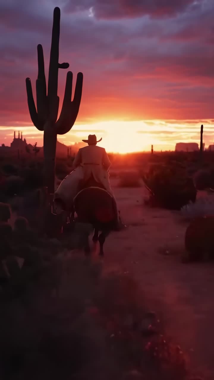 Silhouette di un cowboy a cavallo al tramonto, angolazione dal basso, stile video cinematografico, Live mobile