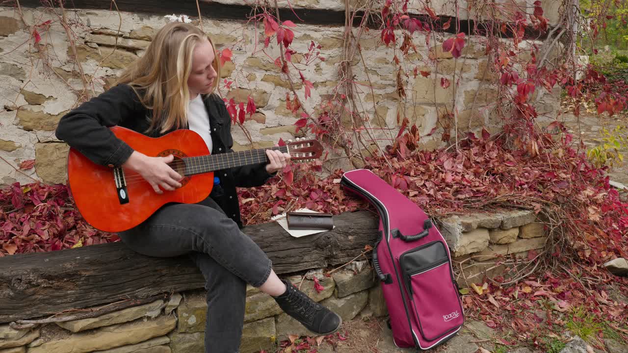 mujer joven atractiva músico toca la guitarra pared de piedra escena de otoño