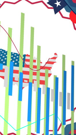 animation of statistics over map and flag of united states of america